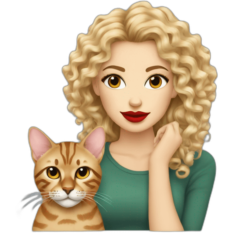 Pretty-curly-blonde-woman-red-lips-with-bengal-cat emoji