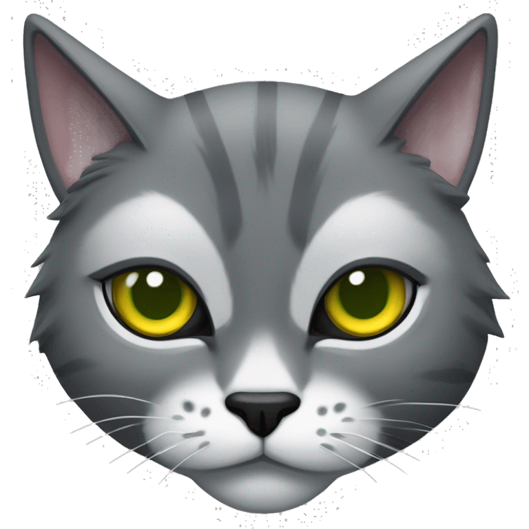 Tomcat with grey fur, white markings, yellow eyes wit green irises, black pupils, black bushy eyebrows and a black nose emoji