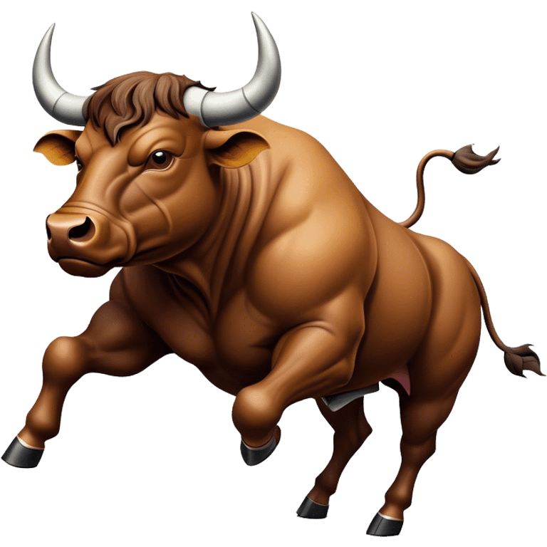 Cinematic Realistic depiction of a powerful Spanish charging bull, rendered with dynamic muscle definition and detailed, textured hide, set against a dramatic backdrop with intense, action-packed lighting emoji