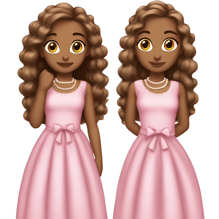 two teenage Latina twins. pink. Long hair. Pink bows. Pearls. Light pink. Diamonds dress. emoji