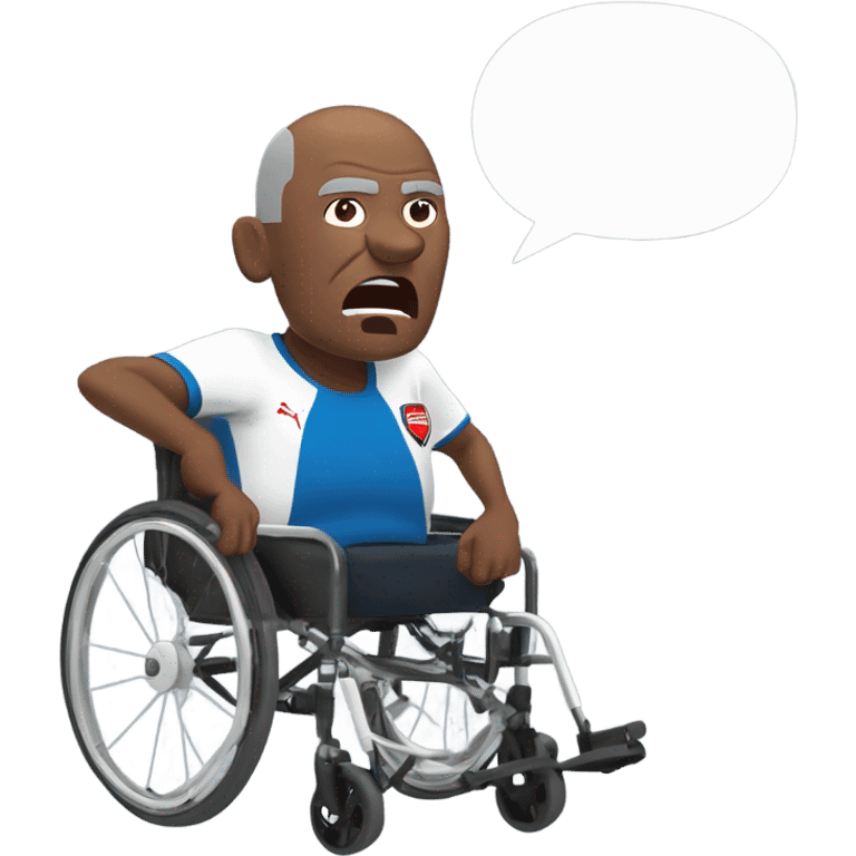 old black bald man with a round belly in wheelchair. angry face. grey stubble. he is pointing finger in front. wearing Arsenal soccer shirt. a speech bubble with the word: "Mojdeh!" emoji