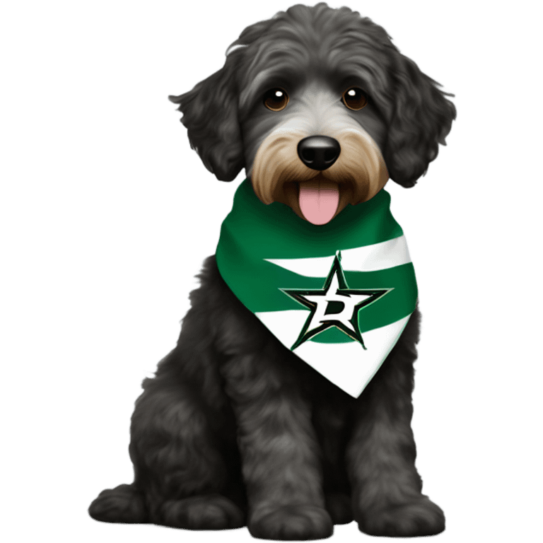 Aussiedoodle wearing a bandana with the NHL Dallas Stars hockey team logo emoji