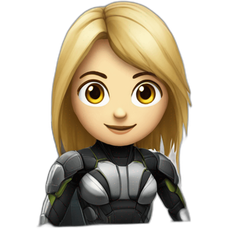 Girl developer behind his laptop with this style : Crytek Crysis Video game with nanosuit character hacker themed character emoji