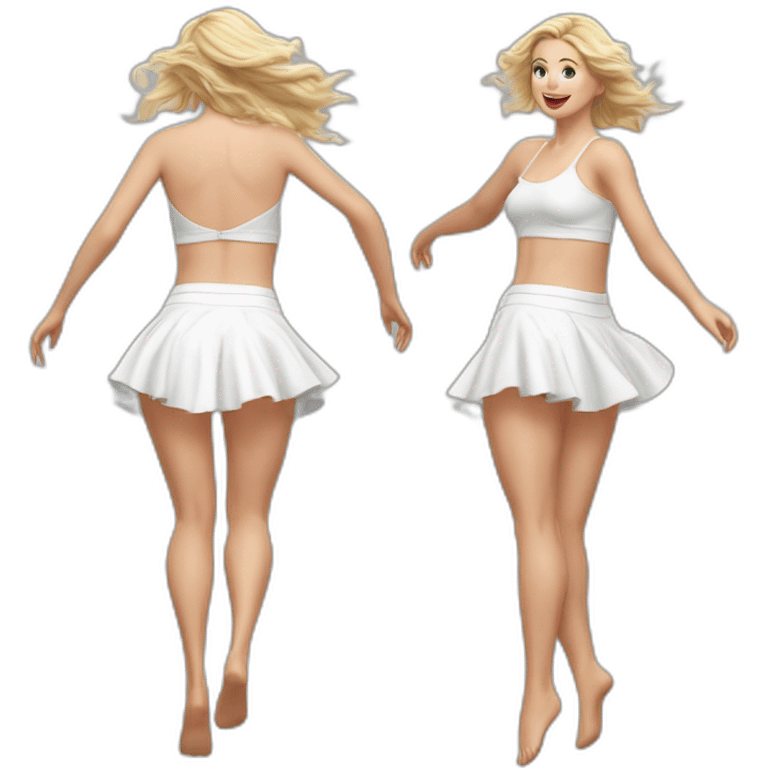 Hyperrealistic Full body Caucasian curvy beauty jumping short white skirt back and front views strong wind knickers emoji