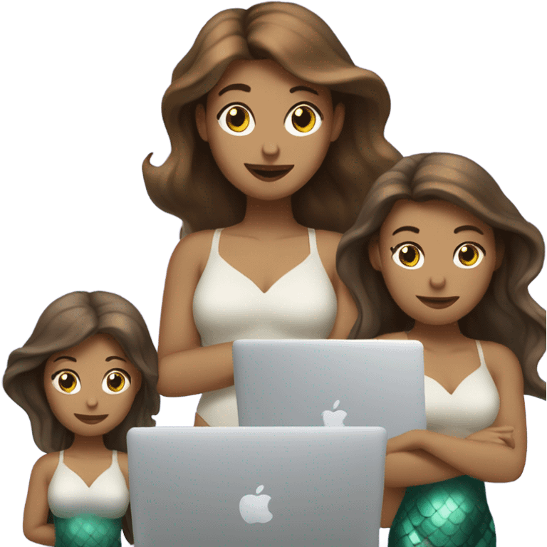 three mermaids with MacBook with brown hair  emoji