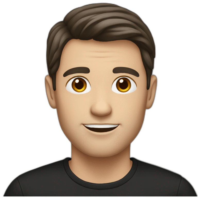 a shaved white man with long dark brown hair, with a black t-shirt emoji