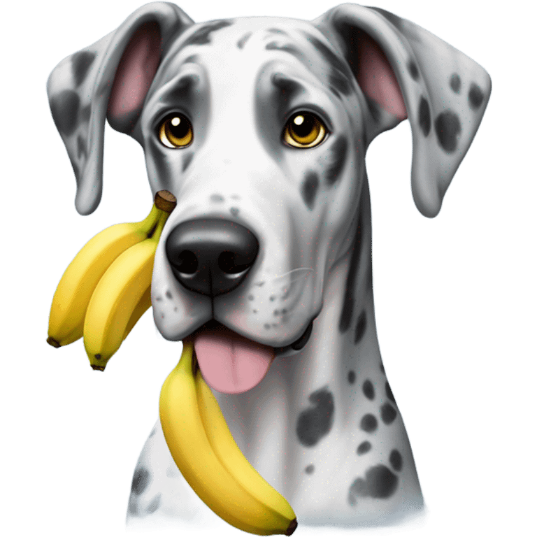 Blue Merle Great Dane holding a banana emoji