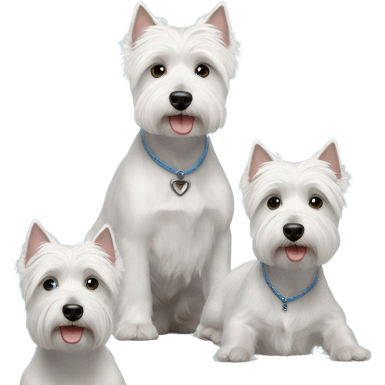  3 westie dogs with lady short gray hair and blue eyes emoji