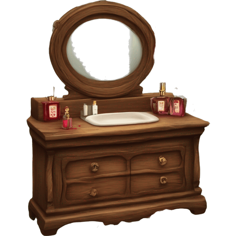 Old wood vanity with dead red roses vintage makeup and perfume  emoji