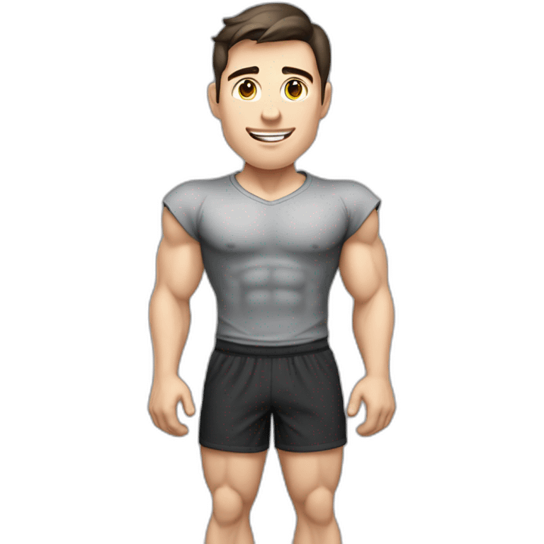 Pale skinned Fit Man With the biceps and dark brown hair in gray shirt, black sports shorts and white Sneakers Writing text on the flipchart emoji