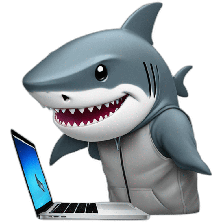 A shark wearing a hoodie coding on a MacBook Pro emoji