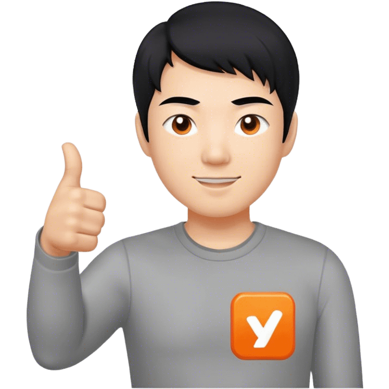 Thumbs up, but with black hair representing an asian man. Grey shirt, with a small logo that is shaped in solid Orange, and a white "Y" inside of it. emoji