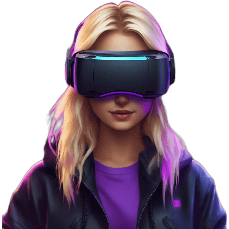 Russian blondy girl celebrating her birthday wearing a black hoodie and VR headset in a cyberpunk VR environment with violet neon lighting emoji