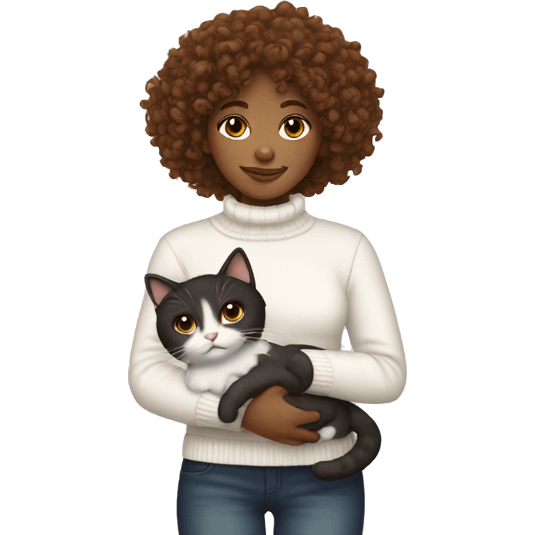 brown curly haired girl with a white sweater holding tuxedo cat  emoji