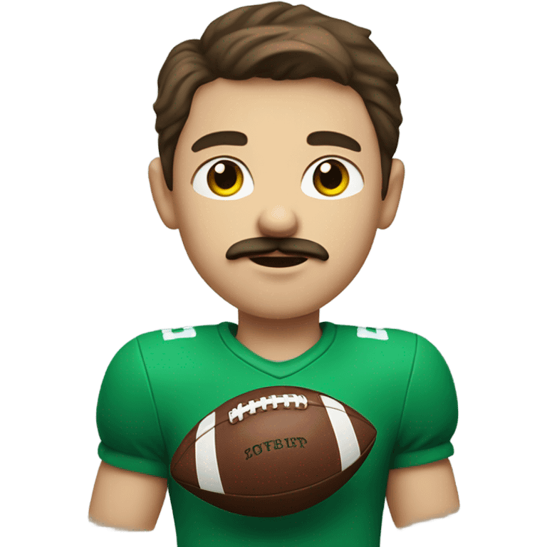 boy with brown hair and blue eyes with a moustache. wearing a green shirt. holding an american football  emoji