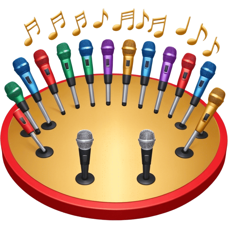 Create a vibrant and dynamic emoji that represents choral or pop vocal performance. The design should feature 10 stage microphones arranged in a semi-circle on a concert stage, symbolizing a vocal group or choir. Add musical notes flowing around the microphones to represent harmony and unity in the performance. Include concert lighting and a celebratory atmosphere to convey the excitement of live music. Use bright, bold colors like red, gold, and silver to emphasize the energy and glamour of the stage. The background should be transparent. emoji