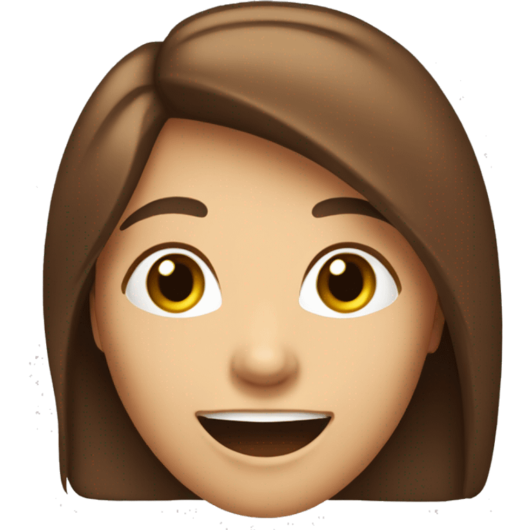 An emoji of a woman with long, straight brown hair and a large mouth, smiling with a friendly expression emoji