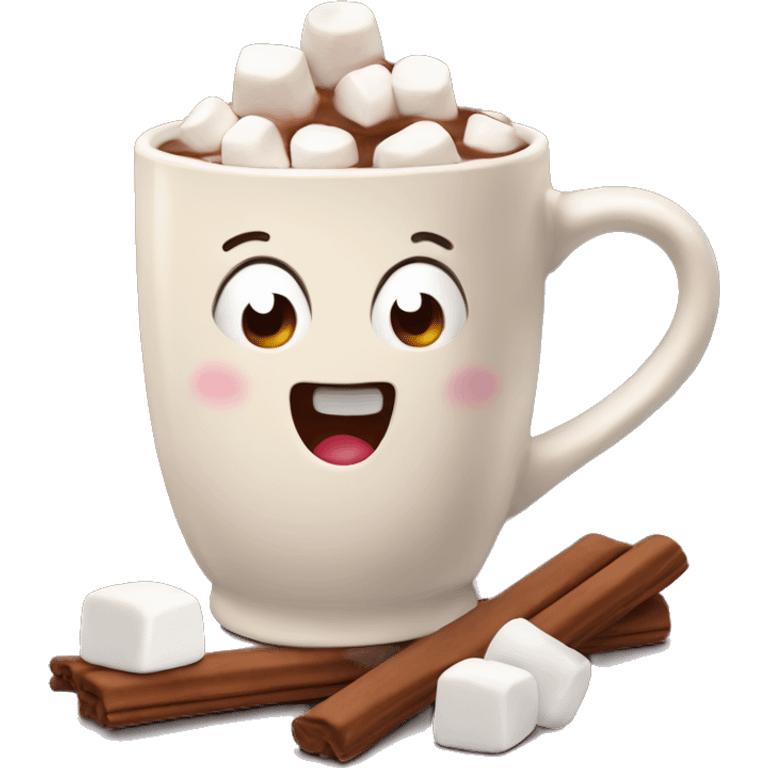 hot chocolate with marshmallows in cute mug.  emoji