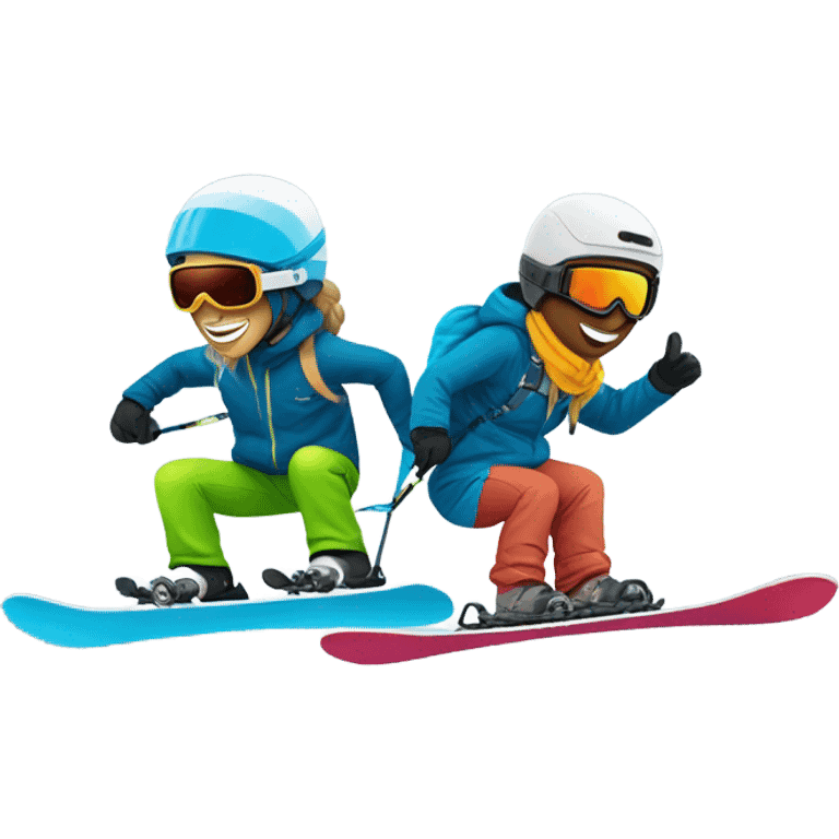 A skier and a snowboarder riding fresh powder  emoji