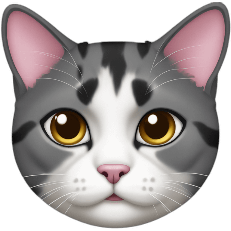 senior fat diluted calico cat, white chin, black and pink nose, grey ears, grey and white emoji