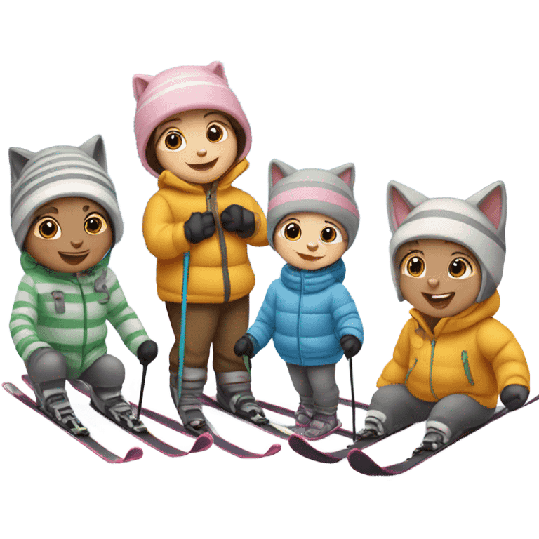 Baby skiing with its family of four and a grey striped cat emoji