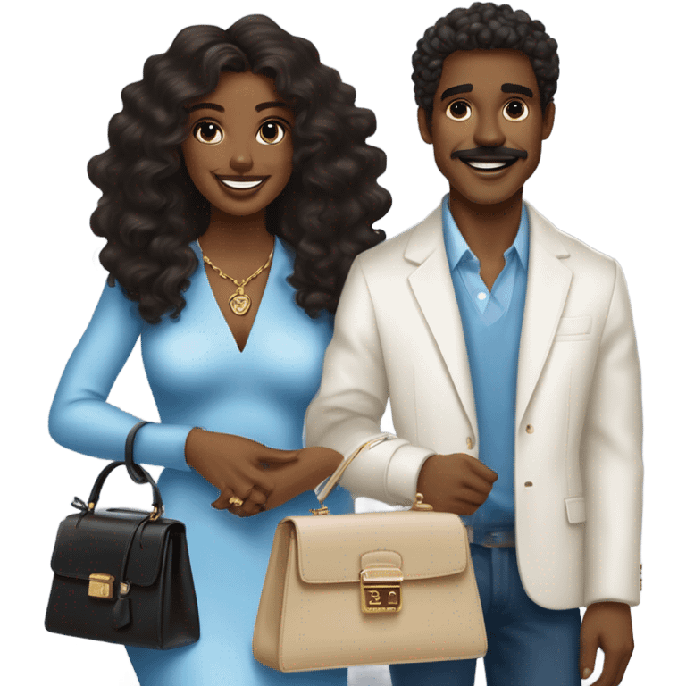 Brown Black woman in her mid-20s with blowout curls, wearing a white dress, holding a blue mini Hermes Kelly BAG, and a 7-carat ring. A White  man with blue eyes, dark grey hair, mustache, and an expensive watch, smiling at her.” emoji