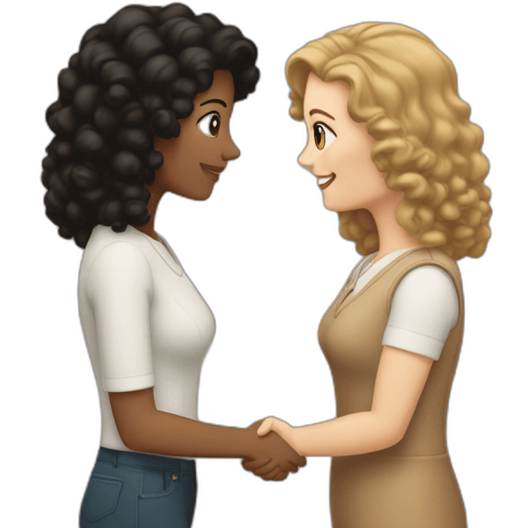 tan mid-sized woman with black curly hair shakes hands with a mid-sized pale woman who has straight light brown hair emoji