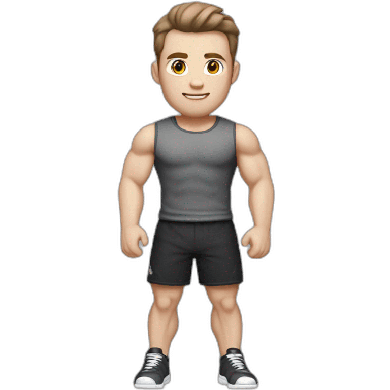 Pale skinned Fit Man With the biceps and dark brown hair in black shirt, gray sports shorts and white Sneakers emoji