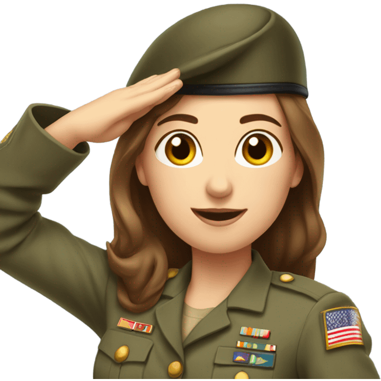 Just shoulders White woman long brown hair in army uniform salute   emoji