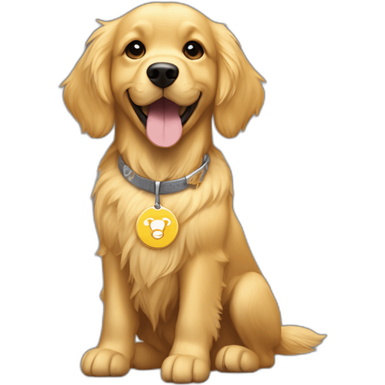 Golden retriever flying wearing dog tag with Shibuya written on it emoji