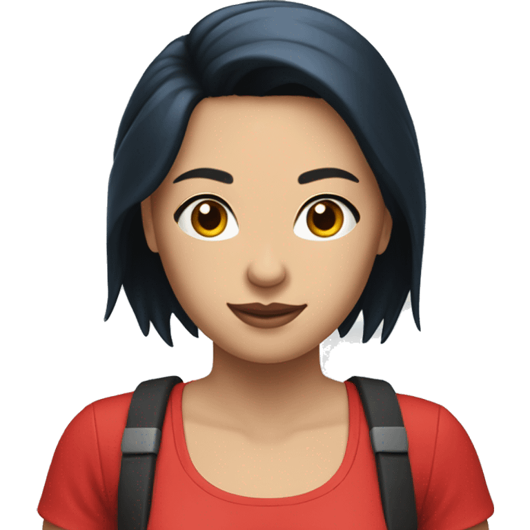 Create an emoji of a woman with black hair, white skin wearing blue shorts and a red top and posing. emoji