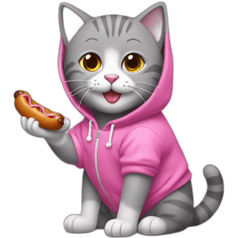 Cute gray stuffed cat eating a sausage. This cat has a pink hoodie emoji