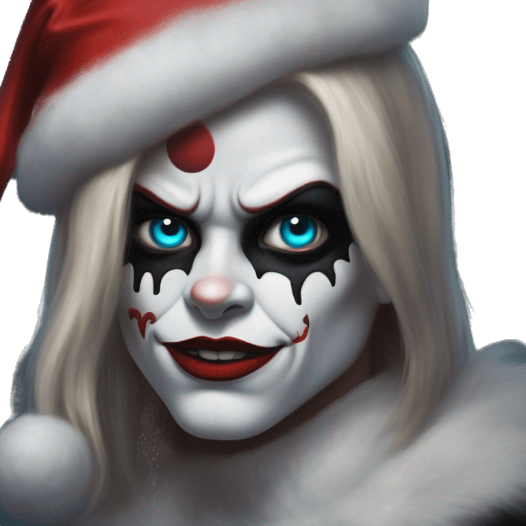 Santa Claus Terminator in Harley Quinn style, oil paint, mysterious eyes, intricate lips, masterpiece portrait, odd perspective, beautiful, desirable, logical emoji