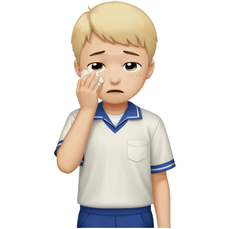 Create an emoji of a young boy student crying. He is wearing a school uniform, including a shirt and pants, and has short hair. The boy is visibly upset, with tears streaming down his face, and he is wiping his eyes with his hand. The background should be simple to emphasize his emotional state, conveying the feeling of being overwhelmed with school stress or personal struggles emoji