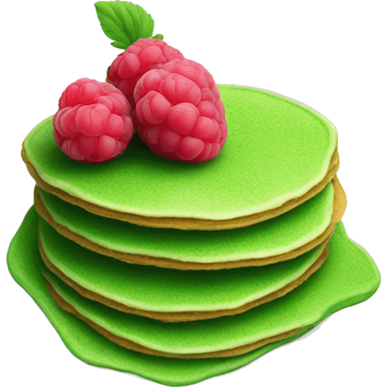 Green pancakes on the plate with the raspberry on the top emoji