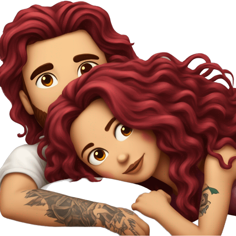 Beautiful tattooed burgundy long haired woman laying on the boyfriends chest emoji