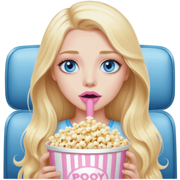 Cinematic realistic blonde with long hair, blue eyes and painted pastel pink lips, watching TV and eating popcorn emoji