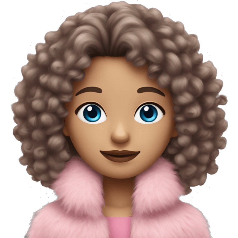 a brunette curly hair girl with blue eyes in a pink fringe fur coat emoji