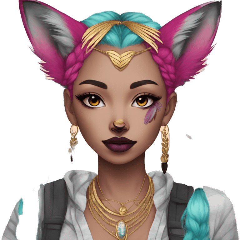 Pink magenta burgundy maroon cyan beige gray fox black stripes wearing gold jewellery gold piercings gold ear piercing gold nose piercing vintage watercolour tie dye black raven wings emoji