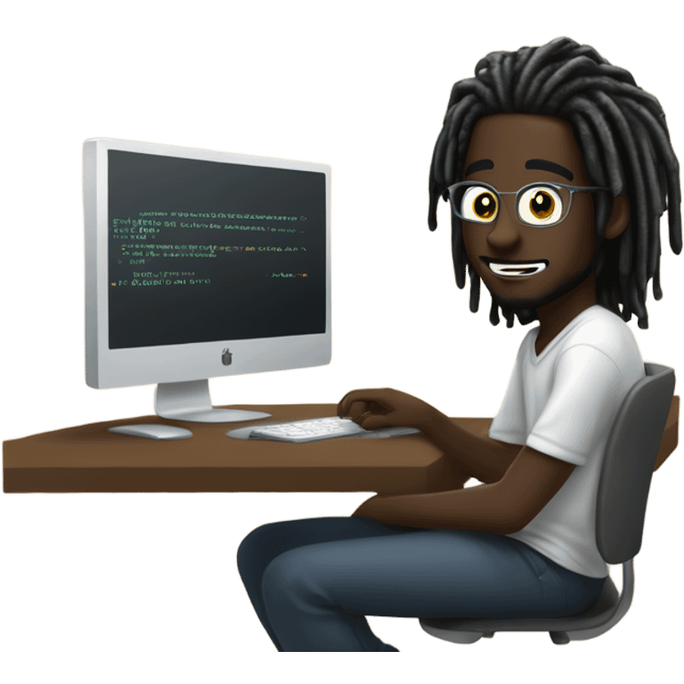 Web developer sitting in front of a computer a 20 year old dark skinned man with medium length dreadlocks coding make the dreadlocks not to be longer than is mouth emoji