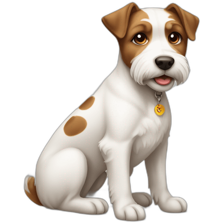 white and brown terrier dog sitting down with his left ear being brown and right ear as white with brown spots emoji