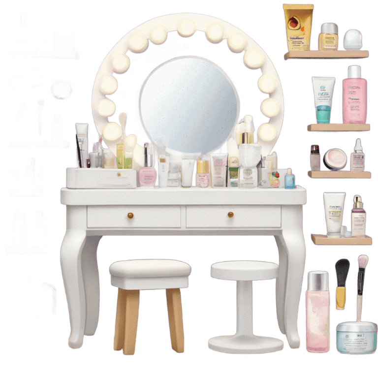 White vanity with a lot of skincare and makeup with lights on the mirror emoji