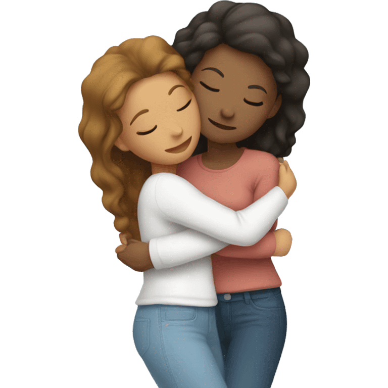 Two female best friends hugging each other, eyes closed, deep in loving hug, one wearing light blue and one and white emoji