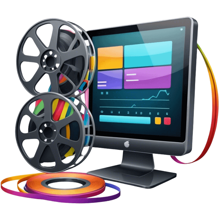 Create a vibrant and modern icon representing Animation and Motion Design, featuring elements like a film reel, a computer screen, dynamic motion lines, and a cinematographic film strip on an editing table. The design should be colorful, and dynamic, without any emojis. The background's transparent. emoji