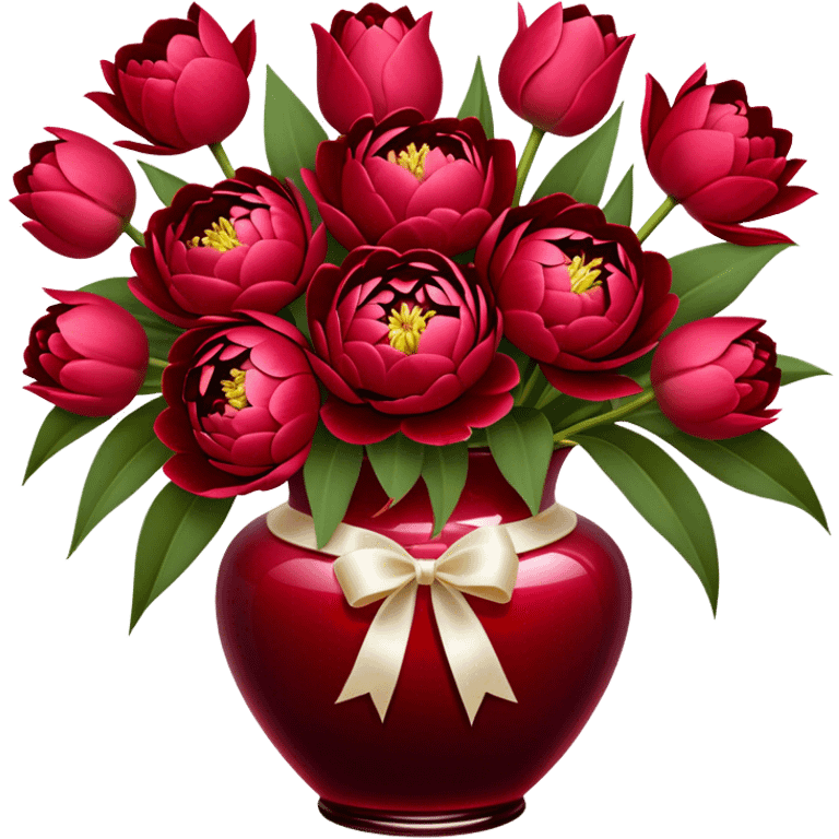 "An exquisite floral arrangement in a deep red glass vase, filled with velvety red peonies, classic roses, and striking tulips, accompanied by silky pearl-colored ribbons that drape gently over the surface." emoji