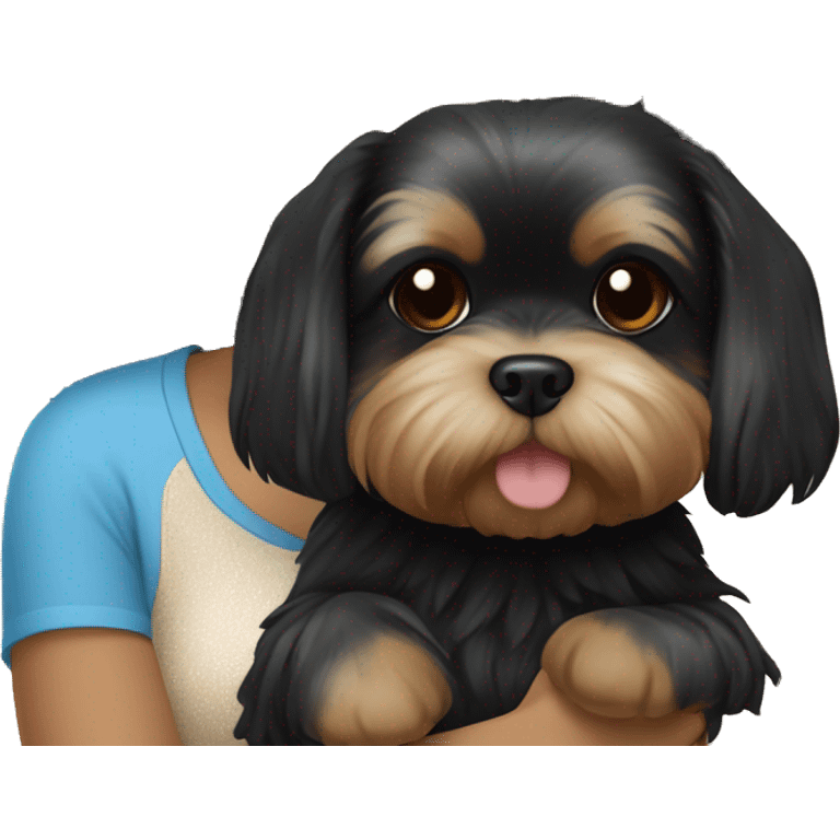 Black hair Chinese girl wearing blue and holding a Yorkie Shih Tzu puppy that is black and beige￼ emoji