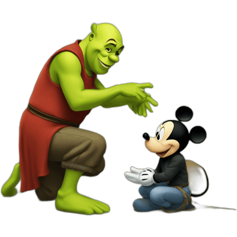 Mickey Mouse kneeling in front of Shrek emoji