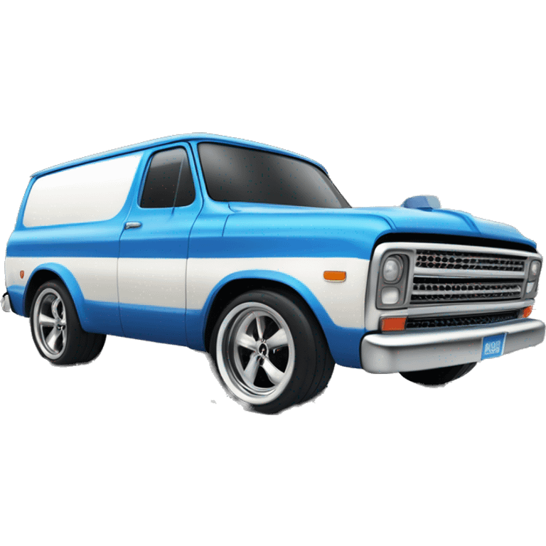 Side-on shot, Hot wheels, Hot rod, large panel van truck,1970 with exposed chrome exhaust pipes, blue, large wheels in back, large logo is Stinky’s Diaper Cleaner emoji