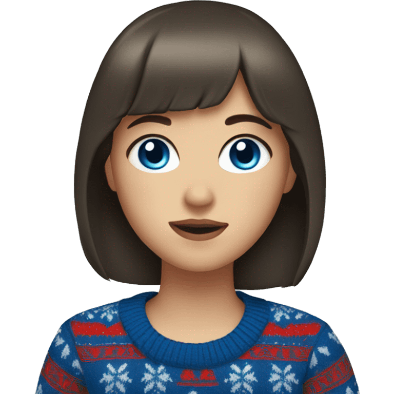 A girl with bangs of dark brown hair and blue eyes in a Christmas sweater emoji