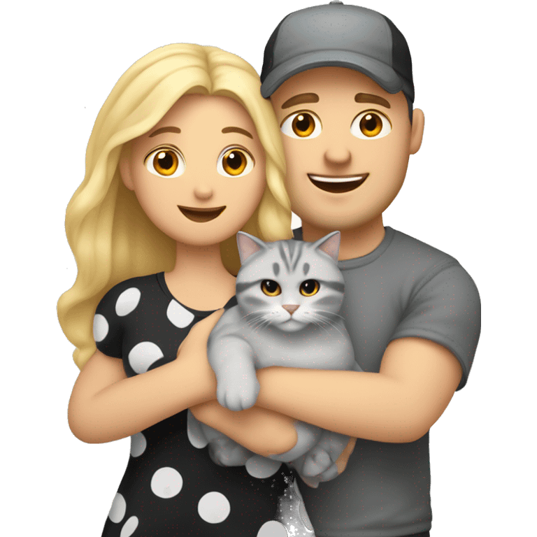 3 objects - a beautiful blonde with long hair and a polka-dotted dress, a bald handsome man in a cap and a rock T-shirt, and a fat gray cat with black spots. The man hugs the blonde and holds the cat in his hands.  emoji